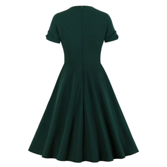 50s Vintage Dress Dark Green V Neck Short Sleeve - Picture 2 of 9